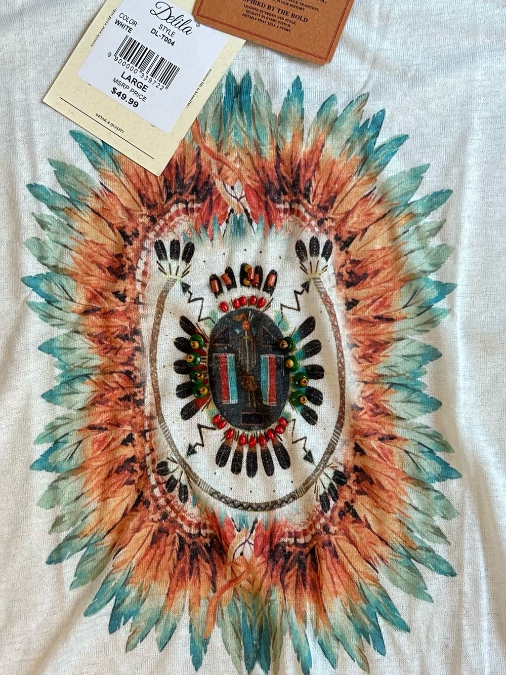 NWT Native Aztec Western Pattern T-Shirt Feather Graphic Cotton Beading Large